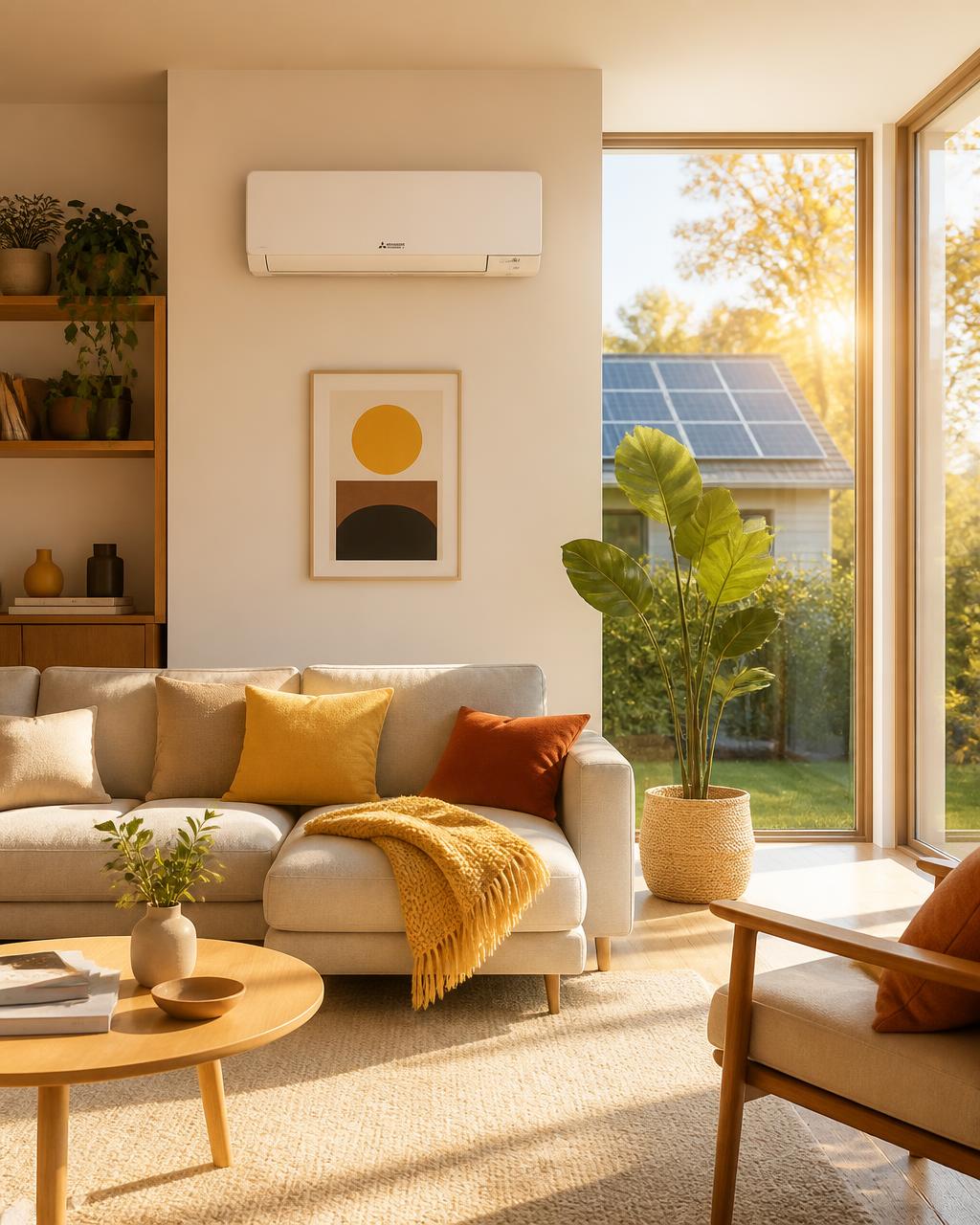 Intérieur lumineux avec une pompe à chaleur murale et des panneaux solaires visibles depuis la fenêtre
